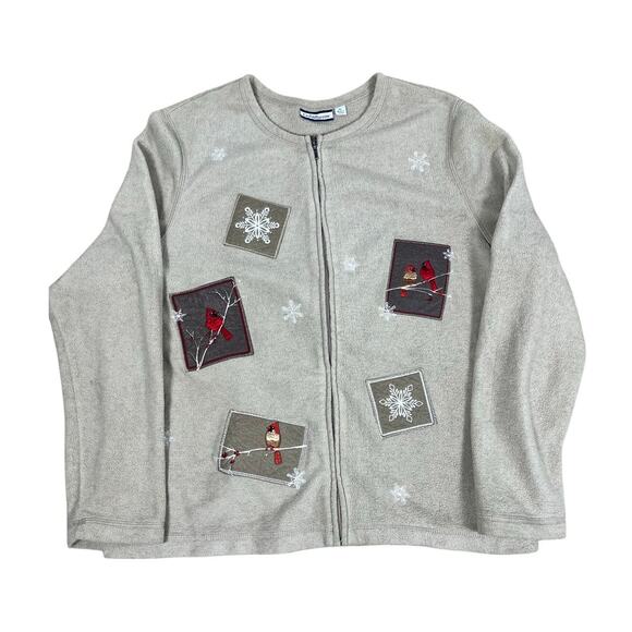 Croft & Barrow Tan Full Zip Sweater Cardinal Bird Snowflake Cozy XL - Picture 1 of 5